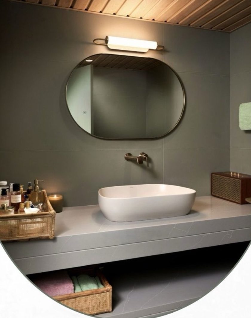 A bathroom with a ceramic basin on a stone counter, an oval mirror and a brass wall light