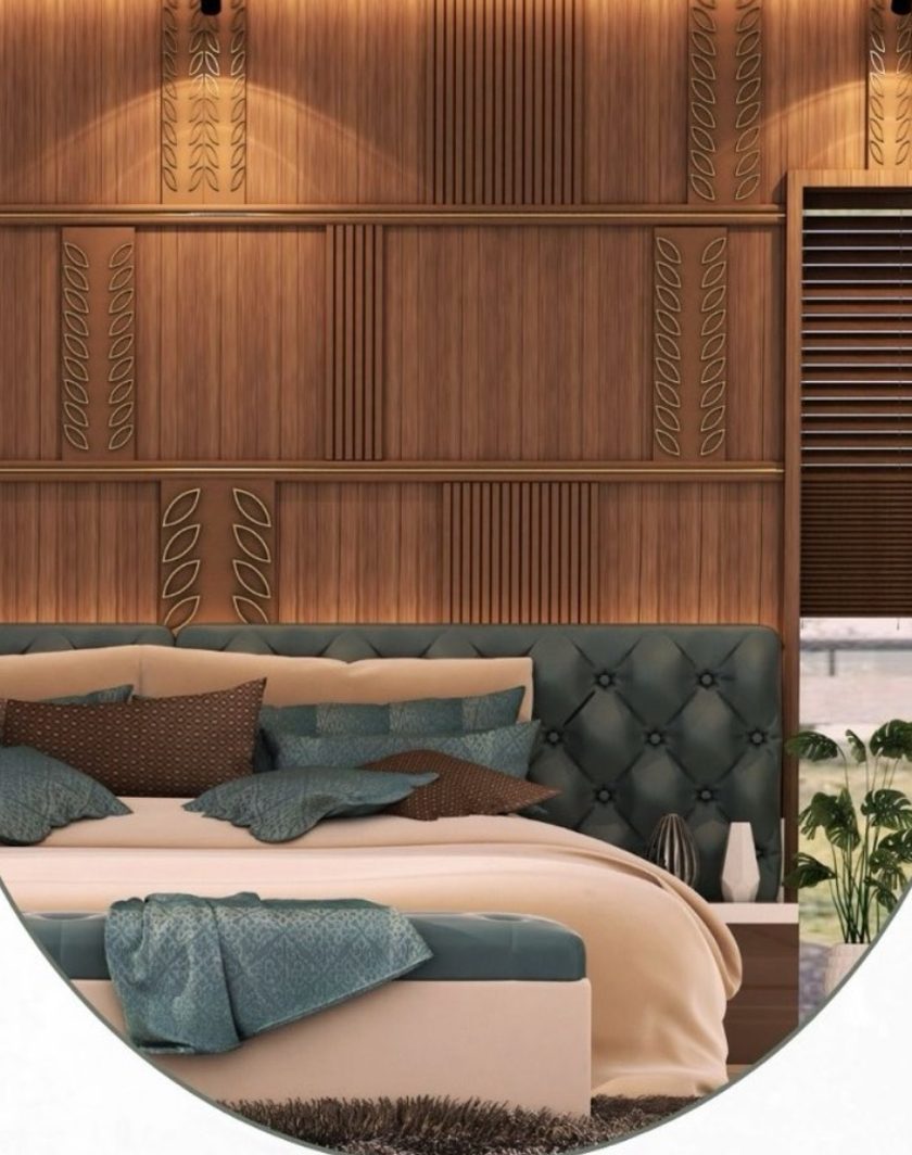 A bedroom with a wood-panelled feature wall and a quilted headboard